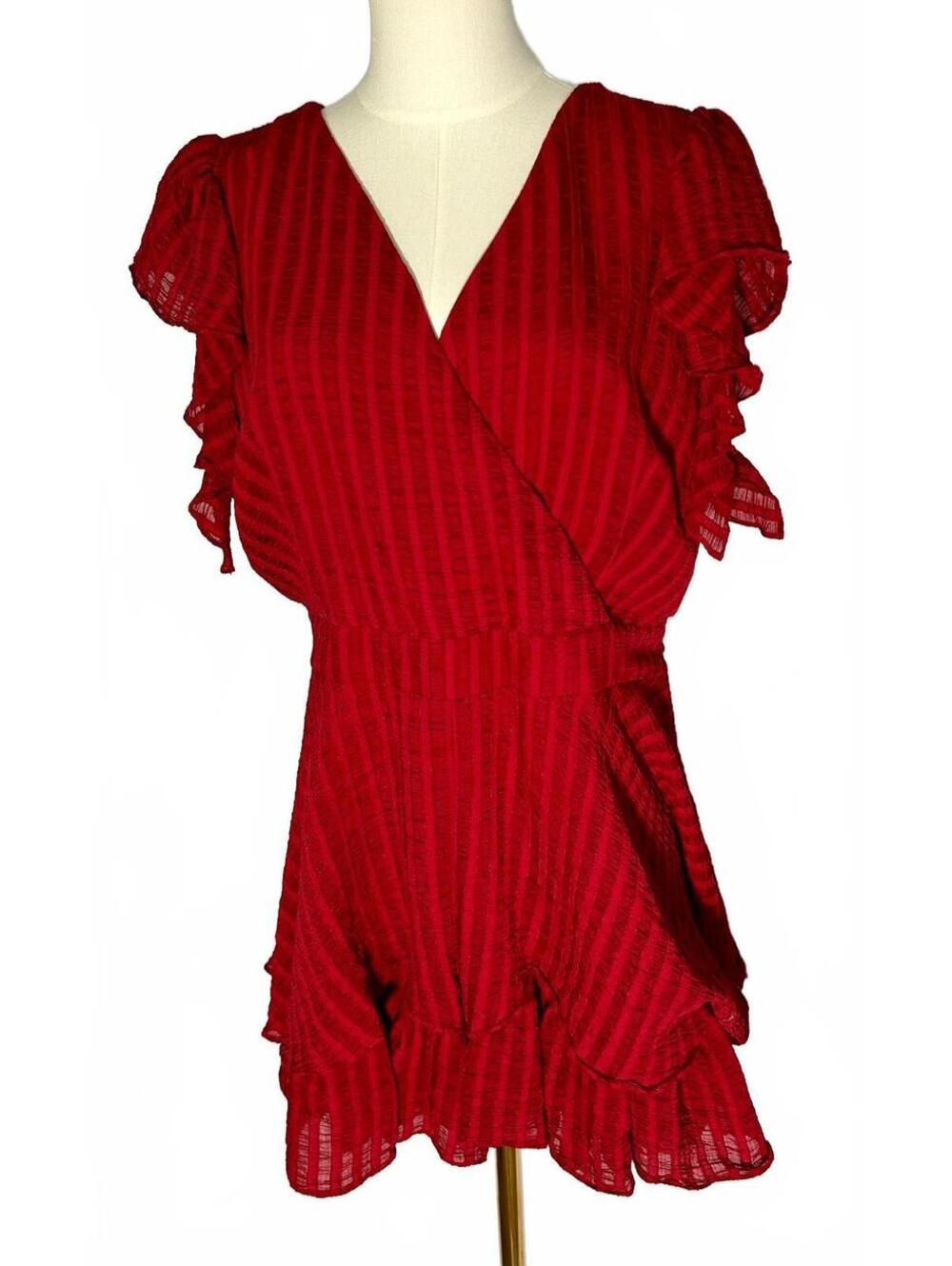 City Chic M 18 Red Ruffle Faux Wrap Mini romper Plus Size Belted Flutter Sleeve